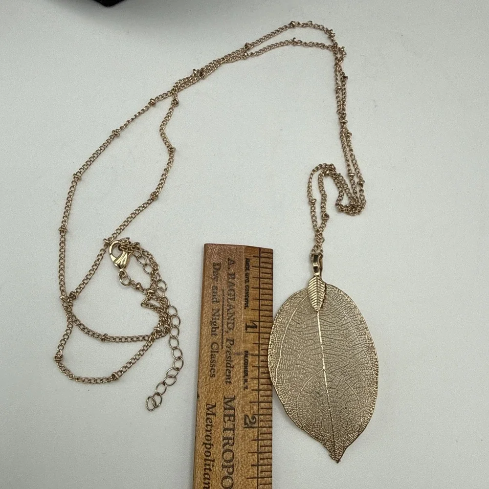 Delicate Gold Plated Real Leaf Pendant With 29-31 inch Gold Tone Sweater Chain